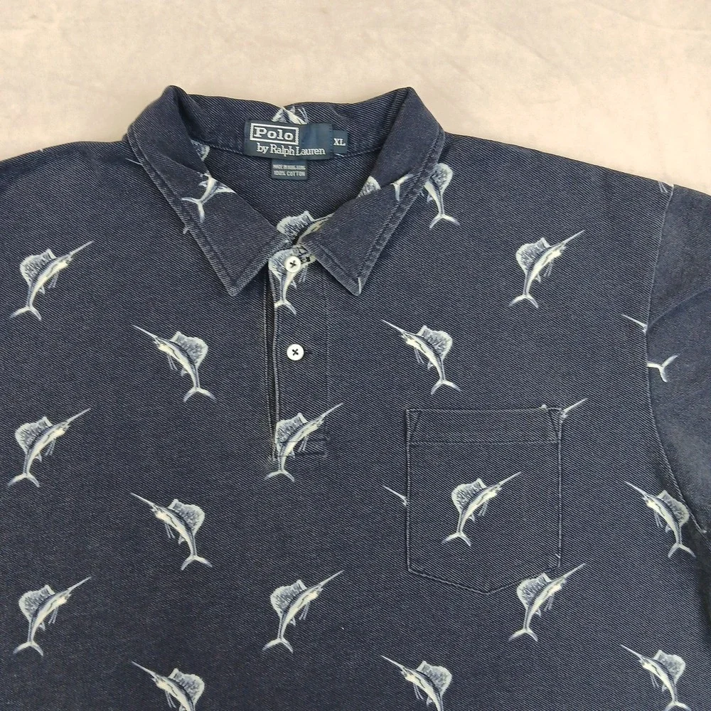 Vintage‎ Polo Ralph Lauren XL Mens Shirt 24x28 Pique Knit Marlin 90s FLAW